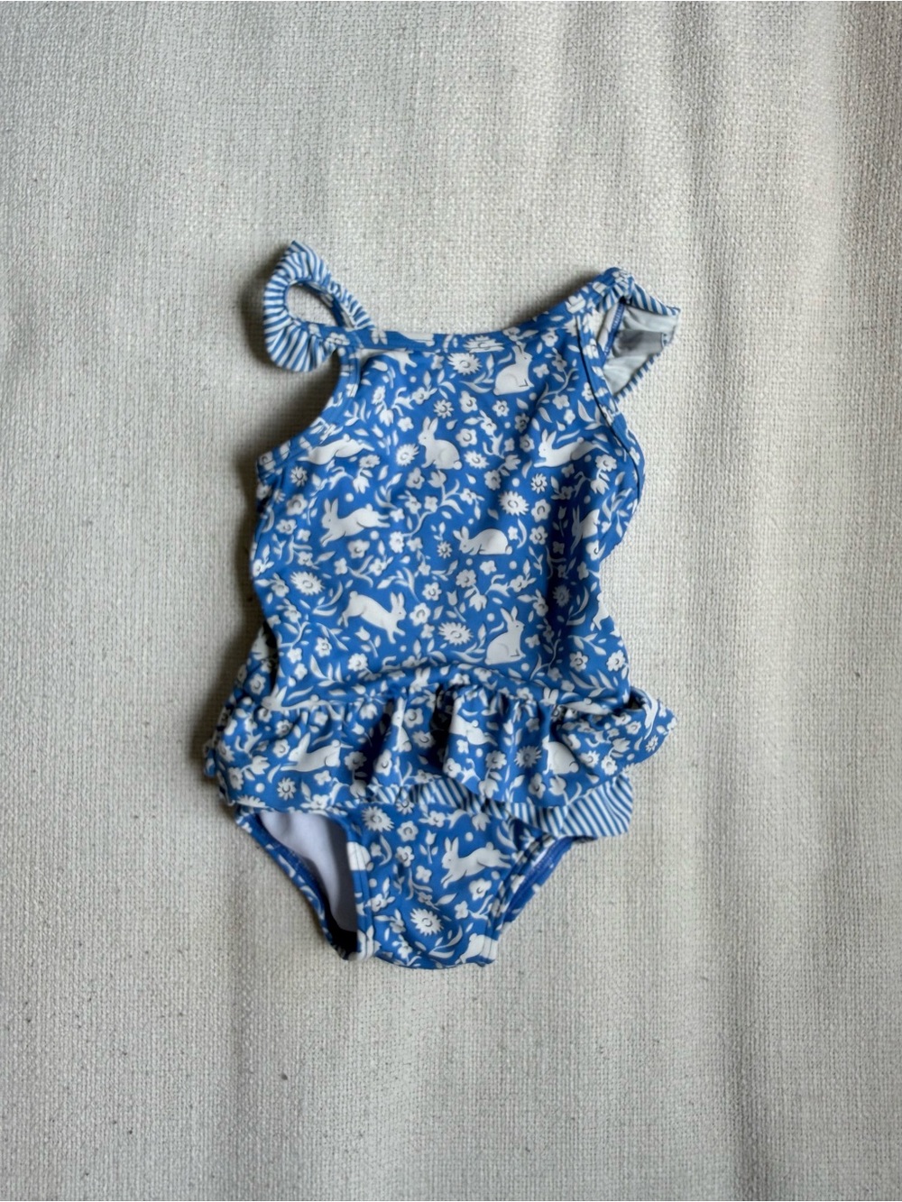 Baby Boden Blue Floral & Bunny Ruffle One-Piece Swimsuit, 3-6months